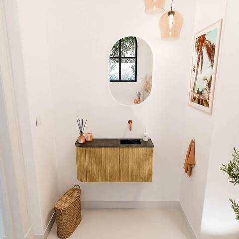 Mondiaz JOYA-DLUX 81.6cm toiletmeubel - ronding links kleur Oak - Wastafel FAYE positie Rechts Zonder kraangat kleur Lava. SW1422091