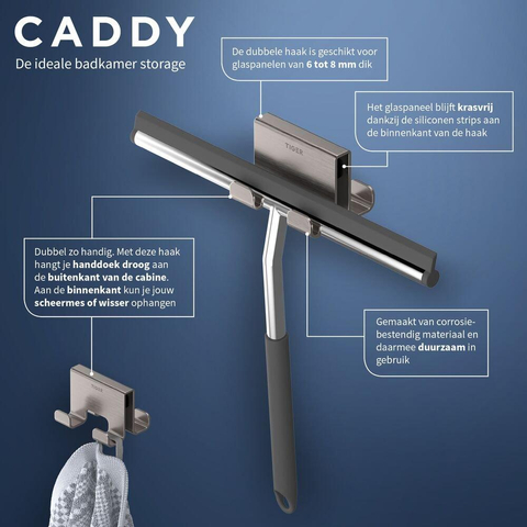 Tiger Caddy Handdoekhaak - voor glaswand - 6-8mm - dubbel RVS geborsteld SW877194