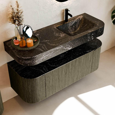 MONDIAZ THOR-DLUX 130cm meuble de salle de bains arrondi gauche + droite couleur Shadow avec 1 tiroir et 2 portes. Vasque suspendue CLOUD Droite 1 trou de robinet couleur Lava. SW1463779