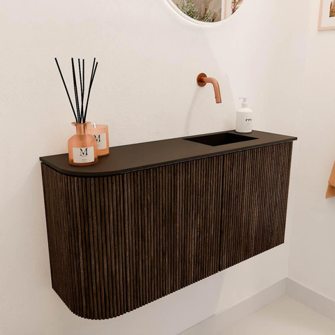 Mondiaz JOYA 81.6cm meuble de toilette - arrondi gauche couleur Walnut - Vasque FAYE position Droite Sans trou de robinet couleur Urban. SW1421351