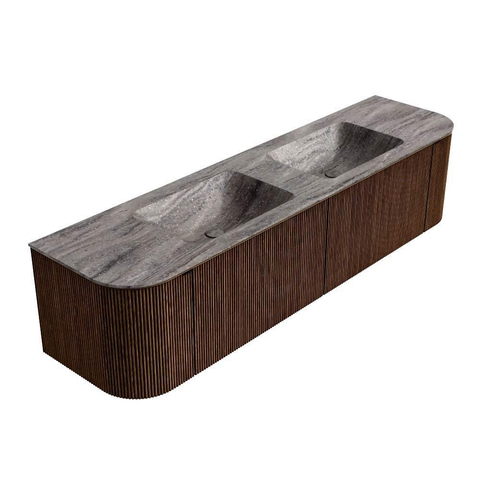 MONDIAZ KURVE-DLUX Meuble de salle de bains 180cm arrondi gauche + droite couleur Walnut avec 2 tiroirs et 2 portes. Lavabo LEAF double sans trou de robinet Oza. SW1432481