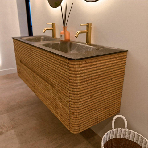 Mondiaz CIRO-DLUX Badkamermeubelset - 140x45x50cm - Solid surface wastafel Lava - 2 wasbak Dubbel - 2 kraangaten - 4 lades - Oak SW1531086