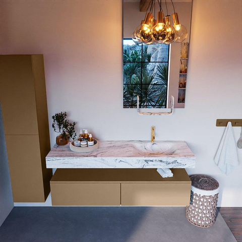 Mondiaz ALAN-DLUX Ensemble de meuble - 150cm - meuble Oro mat - 2 tiroirs - Lavabo Cloud Glace suspendu - vasque Droite - 1 trou de robinet SW806213