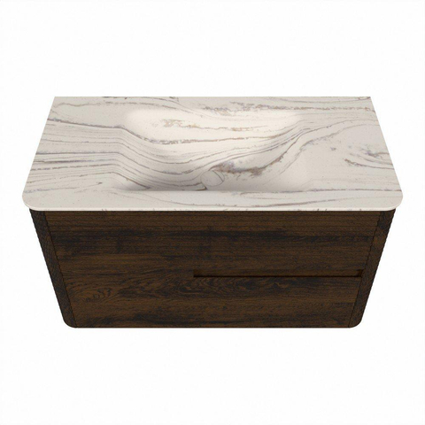 Mondiaz CIRO-DLUX Badkamermeubelset - 90x45x50cm - Solid surface wastafel Nata - 1 wasbak Midden - zonder kraangaten - 2 lades - Walnut SW1530552