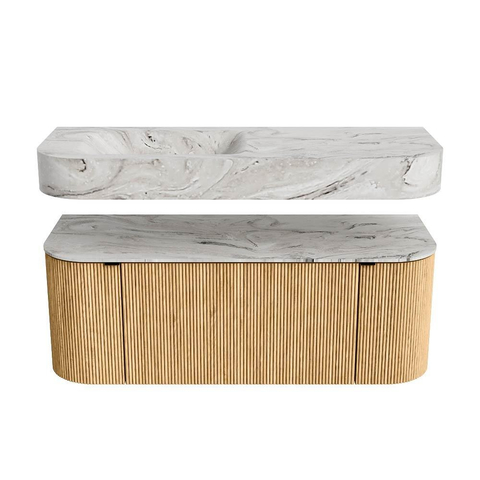 MONDIAZ THOR-DLUX 120cm meuble de salle de bains arrondi gauche + droite couleur Oak avec 1 tiroir et 2 portes. Vasque suspendue CLOUD gauche sans trou de robinet couleur Glace. SW1463072