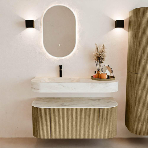 MONDIAZ THOR-DLUX 110cm meuble de salle de bains arrondi gauche + droite couleur Dusk avec 1 tiroir et 2 portes. Vasque suspendue CLOUD Gauche 1 trou de robinet couleur Ostra. SW1462841
