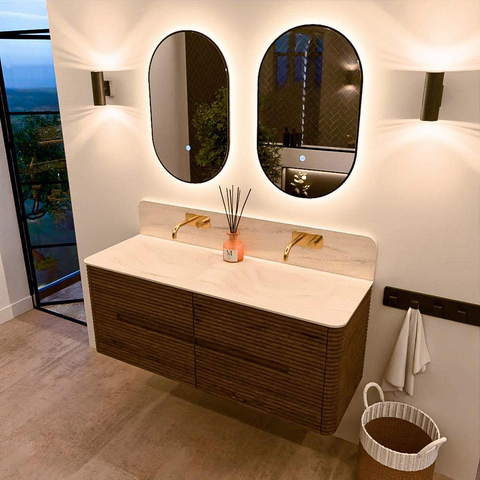 Mondiaz CIRO-DLUX Badkamermeubelset - 130x45x50cm - Solid surface wastafel Meli - 2 wasbak Dubbel - zonder kraangaten - 4 lades - Dusk SW1533160