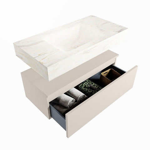 Mondiaz ALAN-DLUX Ensemble de meuble - 90cm - meuble Linen mat - 1 tiroir - Lavabo Cloud Ostra suspendu - vasque Centre - 0 trous de robinet SW807496