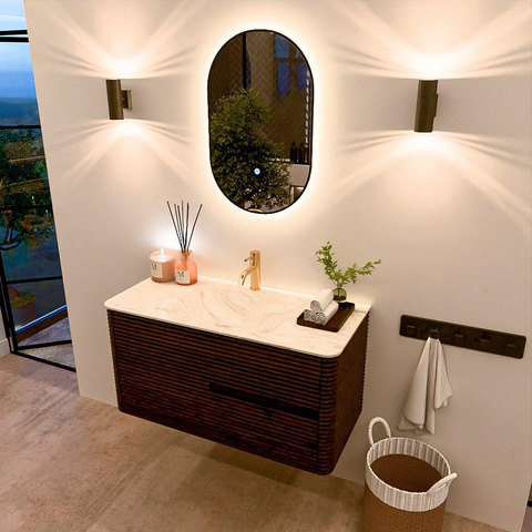 Mondiaz CIRO-DLUX Meuble de salle de bains - 100x45x50cm - Vasque solid surface Ostra - 1 lavabo au milieu - 1 trou de robinet - 2 tiroirs - Noyer SW1530346