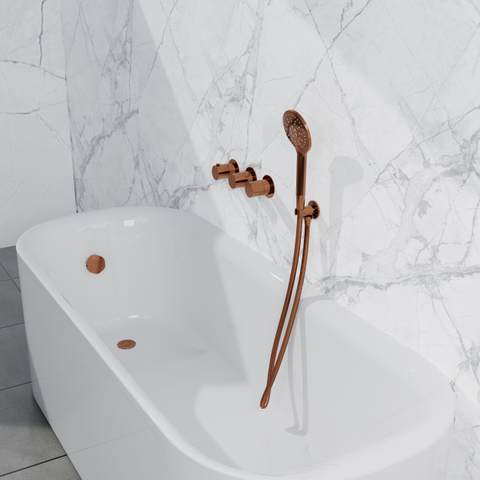 Fortifura Nebbio Badcombinatie-set - thermostaatkraan - wandaansluitbocht - met handdouchehouder - metalen doucheslang - ronde handdouche - badvulcombinatie - PVD - geborsteld koper SW1238062