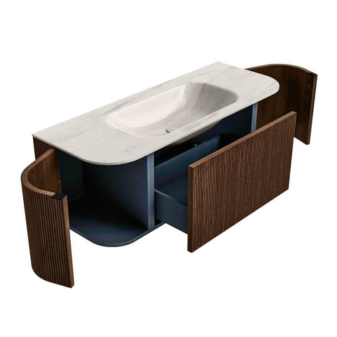 MONDIAZ KURVE-DLUX Meuble de salle de bains 120cm arrondi Gauche + Droite couleur Walnut avec 1 tiroir et 2 portes. Lavabo BIG SMALL Central 1 trou de robinet Meli. SW1431683