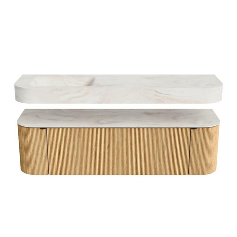 MONDIAZ THOR-DLUX 160cm badmeubel ronding links + rechts kleur Oak met 1 lade en 2 deuren. Vrijhangende wastafel CLOUD Links 1 kraangat kleur Ostra. SW1464983