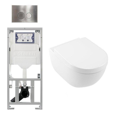 Villeroy Boch Subway 2.0 DirectFlush Ensemble WC - softclose - réservoir Geberit - plaque de commande QeramiQ boutons ronds - aspect inox blanc SW816255