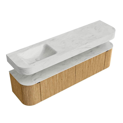 MONDIAZ THOR-DLUX 180cm meuble de salle de bains arrondi gauche + droite couleur Oak avec 2 tiroirs et 2 portes. Vasque suspendue CLOUD gauche sans trou de robinet couleur Opalo. SW1465898