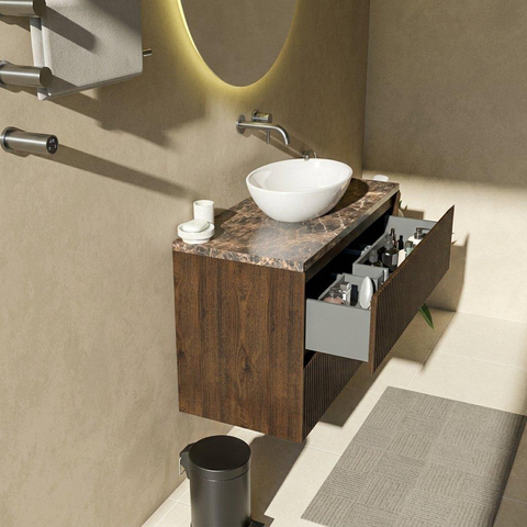Saniclass Holz Atelier Ensemble de meubles de salle de bains - 100x45x63cm - Plan en pierre naturelle Noche dark emperador - sans trou de robinetterie - 2 tiroirs - chêne charcoal mat (bois) SW1478274