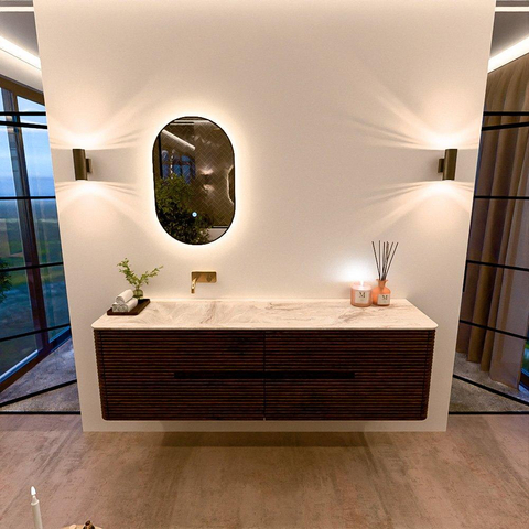 Mondiaz CIRO-DLUX Ensemble meuble de salle de bains - 170x45x50cm - lavabo solid surface Frappe - 1 bassin à gauche - sans trous de robinet - 4 tiroirs - Noyer SW1530255