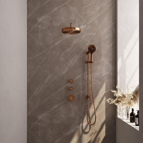 BRAUER Stripe Thermostatische Inbouw Regendouche - SET 11 - 25cm douchekop - gebogen muurarm - 3-standen handdouche - doucheslang - geïntegreerde glijstang - koper geborsteld PVD SW1434922