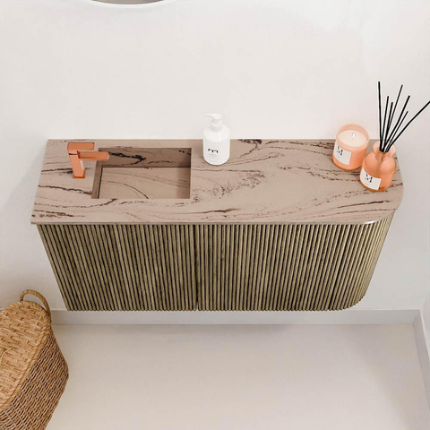Mondiaz JOYA-DLUX Meuble de salle de bains 81,6cm - arrondi droit couleur Dusk - Vasque FAYE position Gauche 1 trou de robinet couleur Arena. SW1426270
