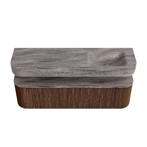 MONDIAZ THOR-DLUX 160cm meuble de salle de bains arrondi gauche + droite couleur Walnut avec 1 tiroir et 2 portes. Vasque suspendue CLOUD droite sans trou de robinet couleur Oza. SW1465291
