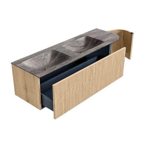 MONDIAZ KURVE-DLUX meuble de salle de bains 145cm arrondi à droite couleur chêne avec 1 tiroir et 1 porte. Lavabo LEAF double / gauche 2 trous de robinet Oza. SW1432676