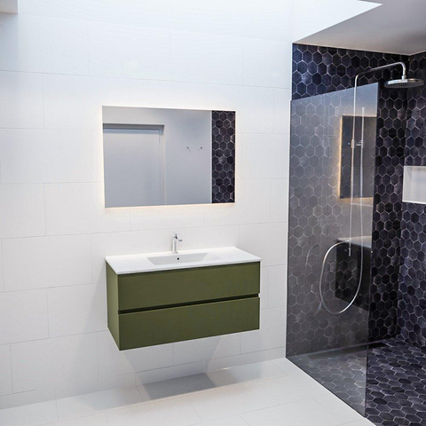 MONDIAZ VICA Ensemble de meuble salle de bain - 100cm - 2 tiroirs - lavabo Denia central - 1 trou de robinet - solid surface army SW410065