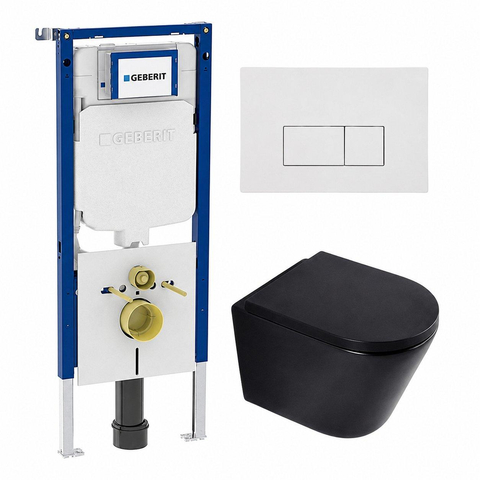 QeramiQ Dely Toiletset - 36.3x51.7cm - diepspoel - rimless - Geberit UP720 inbouwreservoir - softclose toilet zitting - 35mm - glans witte bedieningsplaat - rechthoekige knoppen - mat zwart SW1427985