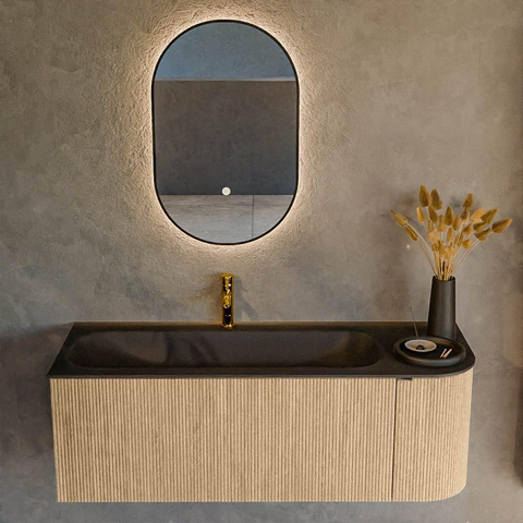 MONDIAZ KURVE meuble de salle de bains 125cm avec module 25 R couleur chêne avec 1 tiroir et 1 porte. Lavabo BIG MEDIUM gauche 1 trou de robinet Urban. SW1138378