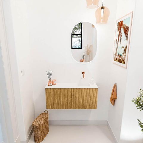 Mondiaz JOYA 90cm toiletmeubel - kleur Oak - Wastafel FAYE positie Rechts Zonder kraangat kleur Talc. SW1421112