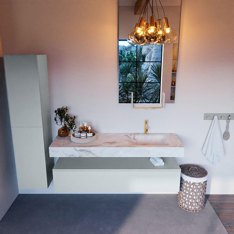 Mondiaz ALAN-DLUX Ensemble de meuble - 150cm - meuble Clay mat - 1 tiroir - Lavabo Cloud Frappe suspendu - vasque Droite - 1 trou de robinet SW805493