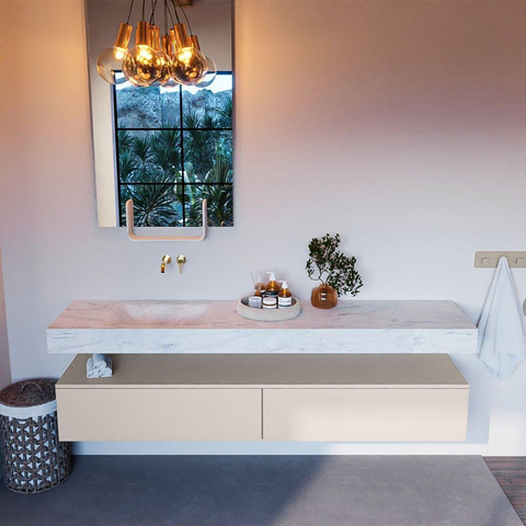 Mondiaz ALAN-DLUX Ensemble de meuble - 200cm - meuble Linen mat - 2 tiroirs - Lavabo Cloud Opalo suspendu - vasque Gauche - 0 trous de robinet SW806545