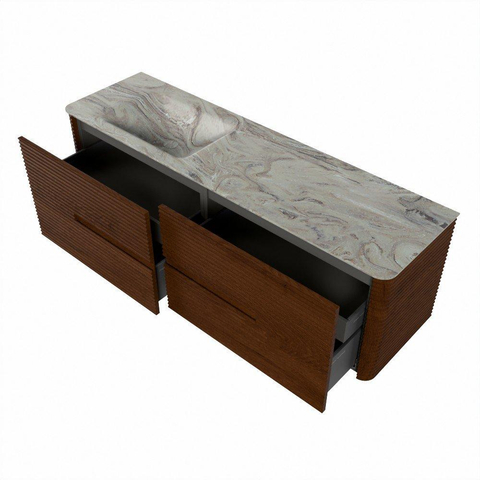 Mondiaz CIRO-DLUX Ensemble de meubles de salle de bains - 160x45x50cm - plan-vasque Solid surface Glace - 1 lavabo à gauche - sans trous de robinet - 4 tiroirs - Ruby SW1531733