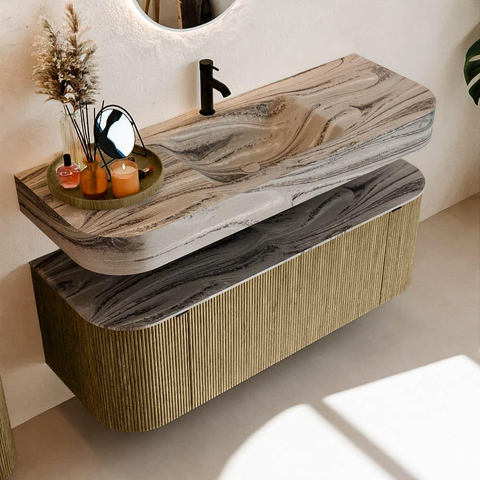 MONDIAZ THOR-DLUX 130cm meuble de salle de bains arrondi gauche + droite couleur Dusk avec 1 tiroir et 2 portes. Vasque suspendue CLOUD Milieu 1 trou de robinet couleur Sombra. SW1464085