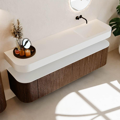 MONDIAZ THOR 180cm badmeubel ronding links + rechts kleur Walnut met 2 lades en 2 deuren. Vrijhangende wastafel CLOUD Rechts zonder kraangat kleur Talc. SW1465914