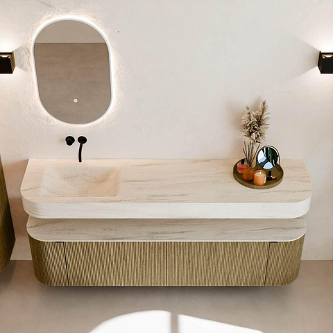 MONDIAZ THOR-DLUX 180cm meuble de salle de bains arrondi gauche + droite couleur Dusk avec 2 tiroirs et 2 portes. Vasque suspendue CLOUD gauche sans trou de robinet couleur Meli. SW1466164
