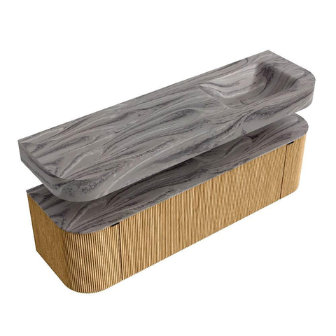 MONDIAZ THOR-DLUX 160cm meuble de salle de bains arrondi gauche + droite couleur Chêne avec 1 tiroir et 2 portes. Vasque suspendue CLOUD Droite sans trou de robinet couleur Sombra. SW1465369