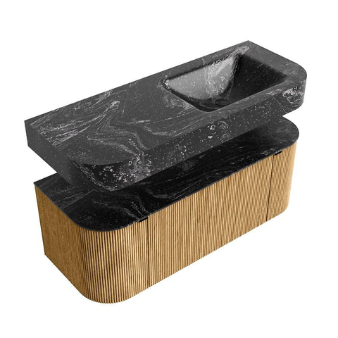 MONDIAZ THOR-DLUX 120cm badmeubel ronding links + rechts kleur Oak met 1 lade en 2 deuren. Vrijhangende wastafel CLOUD Rechts zonder kraangat kleur Lava. SW1463098