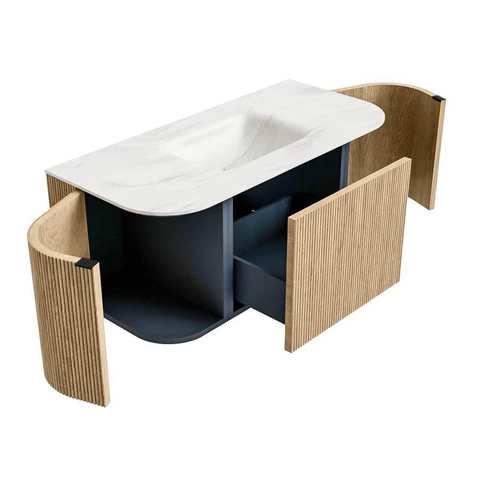 MONDIAZ KURVE-DLUX Meuble de salle de bains 100cm avec module 25 Len R couleur Oak avec 1 tiroir et 2 portes. Lavabo GRUNNE central sans trou de robinet couleur Ostra. SW1137696