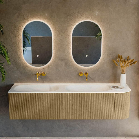 Mondiaz KURVE Ensemble de meuble de salle de bains - 175x46x40cm - 2 tiroirs - 1 porte - lavabo solid surface - double / gauche - sans trou de robinet - Dusk SW1414730