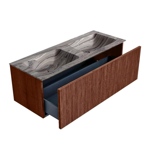 MONDIAZ KURVE-DLUX Meuble de salle de bains 120 cm couleur Ruby avec 1 tiroir et 0 porte. Lavabo LEAF Double 2 trous de robinet Sombra. SW1433984
