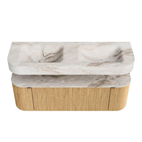 MONDIAZ THOR-DLUX Meuble de salle de bains - 140cm - arrondi gauche + droite - couleur Oak - 1 tiroir et 2 portes - Vasque suspendue CLOUD Double sans trou de robinet - couleur Frappe SW1463914