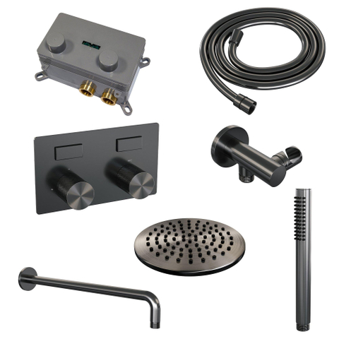 BRAUER gunmetal Carving Douche de pluie thermostatique encastrée - boutons-poussoirs - SET 51 - tête de douche 20cm - bras mural courbé - douchette barre - flexible de douche - coude d'alimentation mural - gunmetal brossé PVD SW925683