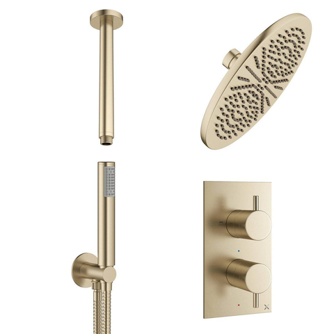 Crosswater MPRO Regendoucheset Inbouw - 30cm hoofddouche - plafondarm - staafhanddouche - geborsteld messing (goud) SW223268