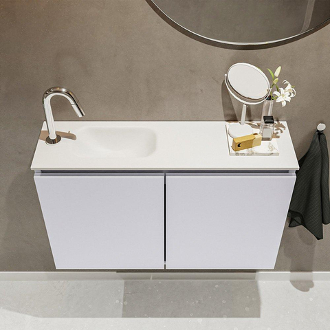 MONDIAZ TURE Toiletmeubel 80x23x50cm met 1 kraangaten 2 deuren cale mat Wastafel Eden links Solid Surface Wit SW475104