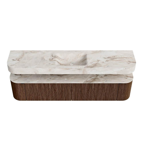 MONDIAZ THOR-DLUX 200cm badmeubel ronding links + rechts kleur Walnut met 2 lades en 2 deuren. Vrijhangende wastafel CLOUD Midden 1 kraangat kleur Frappe. SW1466996