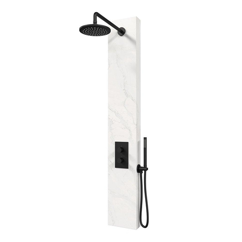 BRAUER Black Edition Panneau de douche thermostatique - 2 fonctions - calacatta gold - SET 01 - pomme de douche 20cm - bras mural courbé - douchette barre - coude de raccordement mural - flexible de douche - noir mat SW925412