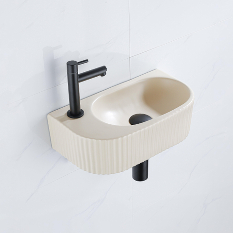 QeramiQ Fuente pack lave-mains – demi-rond – 40 x 21,5 x 12 cm – perçage à gauche – robinet noir mat – cannelé SW1232889