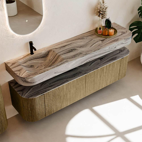 MONDIAZ THOR-DLUX 180cm meuble de salle de bains arrondi gauche + droite couleur Dusk avec 2 tiroirs et 2 portes. Vasque suspendue CLOUD Gauche 1 trou de robinet couleur Sombra. SW1466347