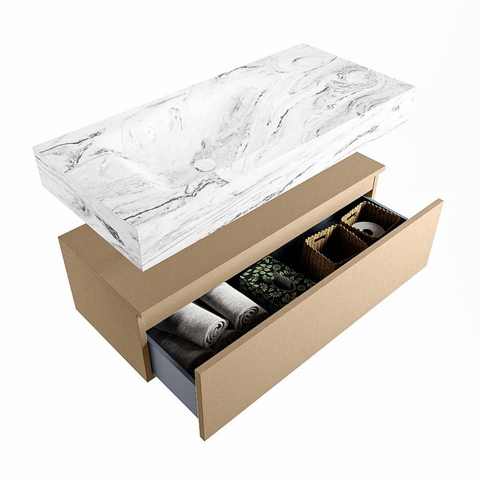 Mondiaz ALAN-DLUX Ensemble de meuble - 100cm - meuble Oro mat - 1 tiroir - Lavabo Cloud Glace suspendu - vasque Gauche - 0 trous de robinet SW809268