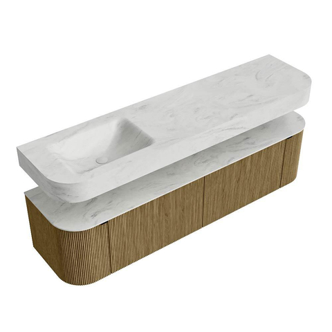 MONDIAZ THOR-DLUX 180cm meuble de salle de bains arrondi gauche + droite couleur Dusk avec 2 tiroirs et 2 portes. Vasque suspendue CLOUD Gauche sans trou de robinet couleur Opalo. SW1466014