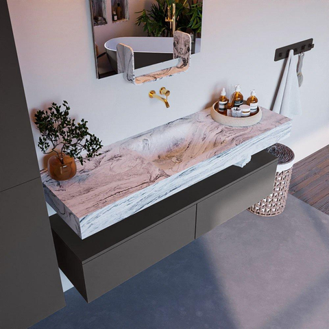 Mondiaz ALAN-DLUX Ensemble de meuble - 150cm - meuble Dark grey mat - 2 tiroirs - Lavabo Cloud Glace suspendu - vasque Centre - 0 trous de robinet SW805610